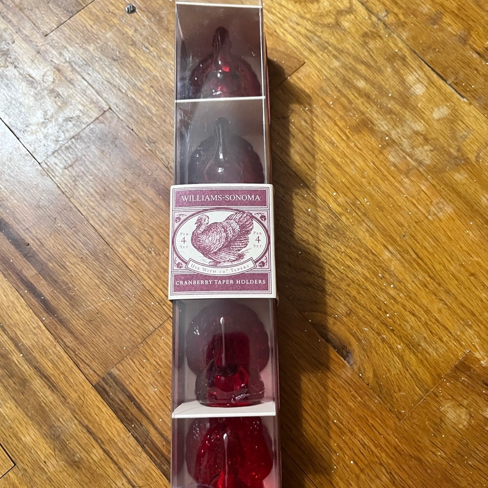 Williams-Sonoma Cranberry Red Taper Candle Holders (Set of 4) Glass Turkeys